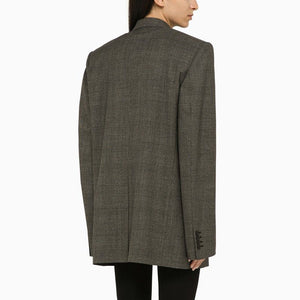 BALENCIAGA Black and Grey Double-Breasted Wool Jacket with Prince of Wales Motif and Padded Shoulders for Women
