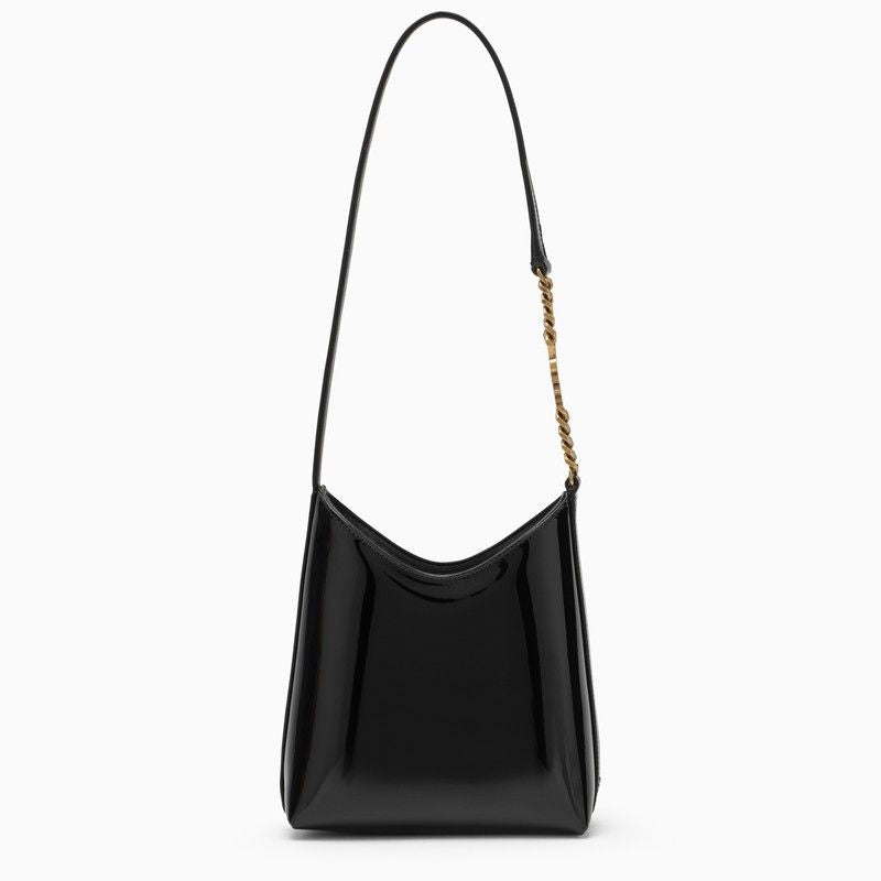 SAINT LAURENT Mini Rendez-Vous Black Patent Leather Hobo Shoulder Bag with Bronze-Tone Hardware and Logo Chain Detail