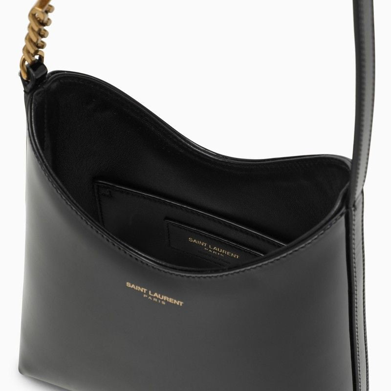 SAINT LAURENT Mini Rendez-Vous Black Patent Leather Hobo Shoulder Bag with Bronze-Tone Hardware and Logo Chain Detail