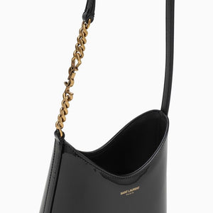 SAINT LAURENT Mini Rendez-Vous Black Patent Leather Hobo Shoulder Bag with Bronze-Tone Hardware and Logo Chain Detail