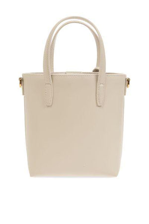 SAINT LAURENT Mini Cream Lambskin Leather Shopping Bag with Cassandre Charm and Shoulder Strap, 18x17x8cm