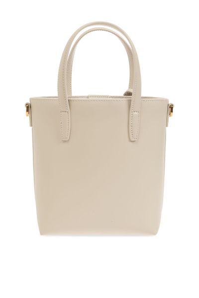 SAINT LAURENT Mini Cream Lambskin Leather Shopping Bag with Cassandre Charm and Shoulder Strap, 18x17x8cm