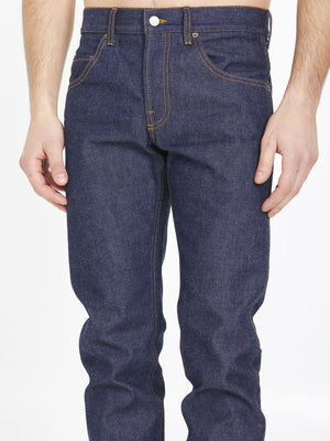 Washed Blue Denim Jeans with Leather Label