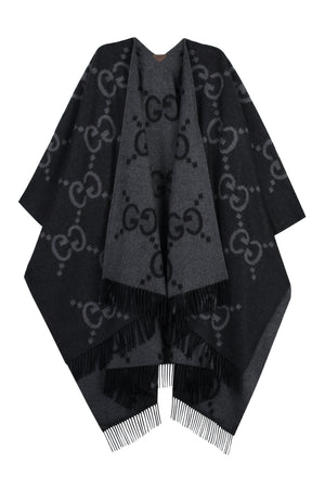 GUCCI Reversible Cashmere Poncho with Leather Details and Fringed Hemline
