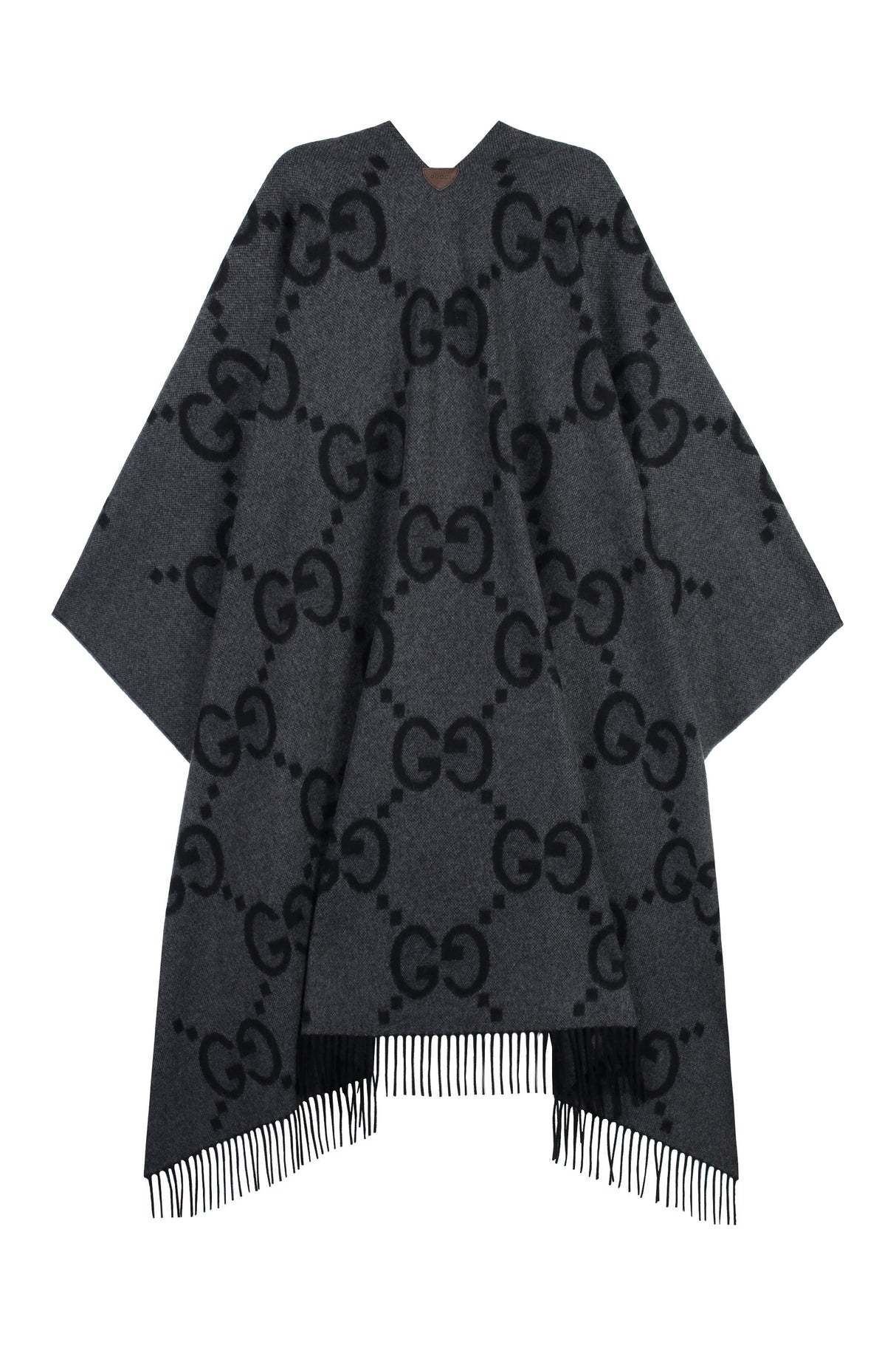 GUCCI Reversible Cashmere Poncho with Leather Details and Fringed Hemline