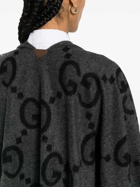 Áo khoác lông cừu đen/xám - Mẫu GG Jacquard lớn đảo chiều với viền ruy băng