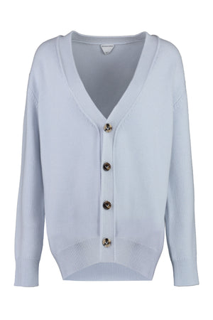 Light Blue Cashmere Cardigan with Contrasting Elbow Patches and Ribbed Cuffs