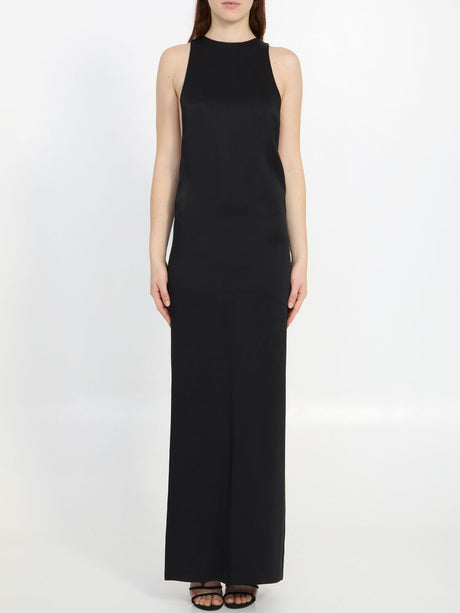 Chic Crepe Satin Dress - Black Semi-Open Back Button Closure