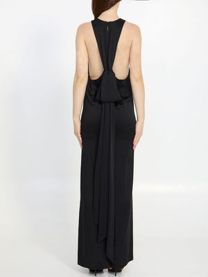 Chic Crepe Satin Dress - Black Semi-Open Back Button Closure