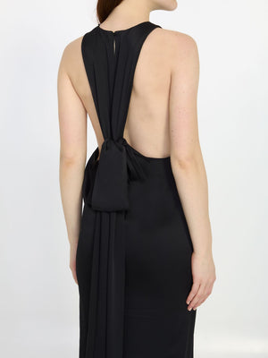 Chic Crepe Satin Dress - Black Semi-Open Back Button Closure