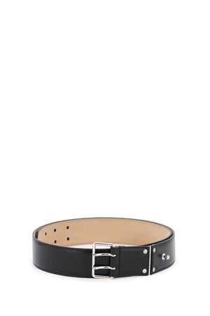 ALEXANDER MCQUEEN Men's Leather Military Belt with Double Silver Pin Buckle in Black