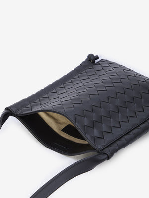 Men's Black Flat Loop Handbag with Intrecciato Motif and Knotted Details