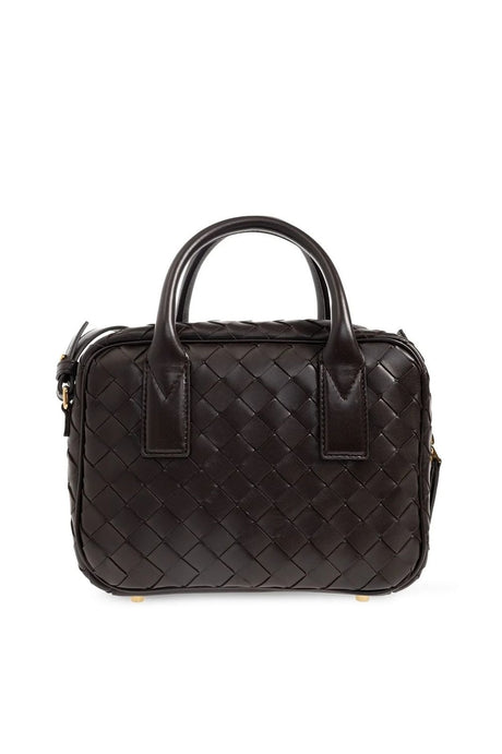 BOTTEGA VENETA Mini Getaway Lambskin Handbag in Brown with Intrecciato Weave and Gold Knot Detail, 17.5x23.5x9 cm