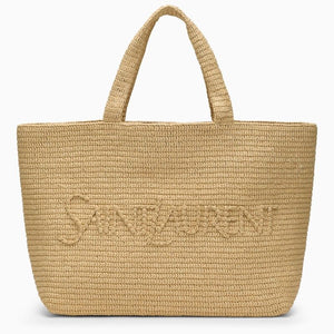 SAINT LAURENT Pink Woven Raffia Tote Handbag for Women Featuring Tonal Logo and Interior Flat Pocket