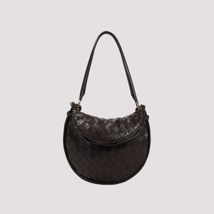 BOTTEGA VENETA Mini Gemelli Brown Leather Shoulder Bag with Gold-Tone Hardware and Intrecciato Weave