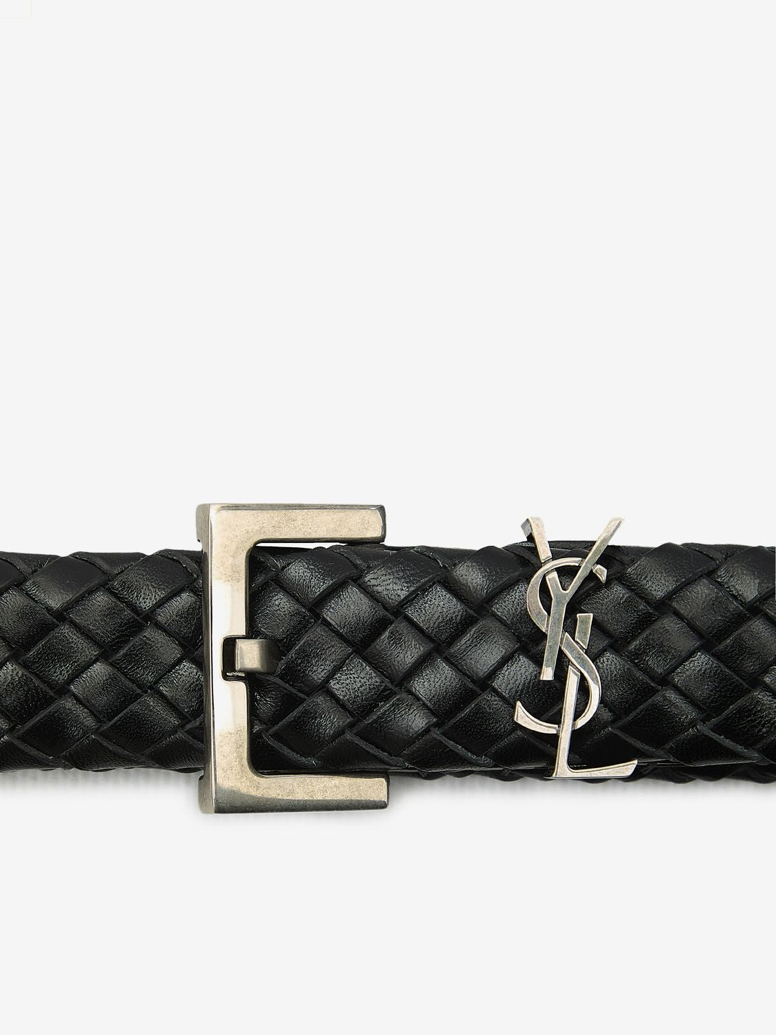 SAINT LAURENT Elegant Braided Calfskin Belt with Silver-Tone Cassandre 3cm