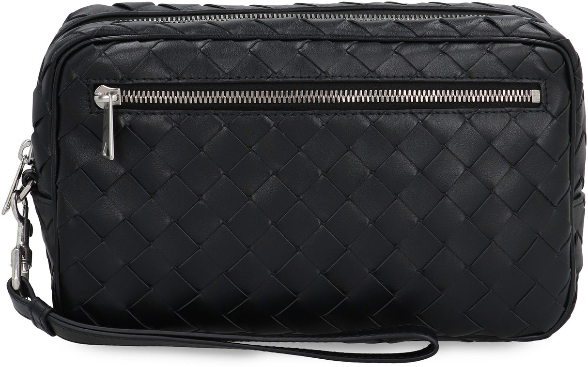 BOTTEGA VENETA Intrecciato Pattern Leather Handbag with Top Zipper and Detachable Wrist Strap