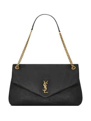 SAINT LAURENT Calypso Large Grained Lambskin Shoulder Bag with Bronze YSL Monogram - Black, 36x21x10 cm