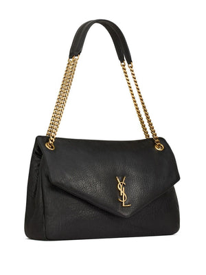 SAINT LAURENT Calypso Large Grained Lambskin Shoulder Bag with Bronze YSL Monogram - Black, 36x21x10 cm