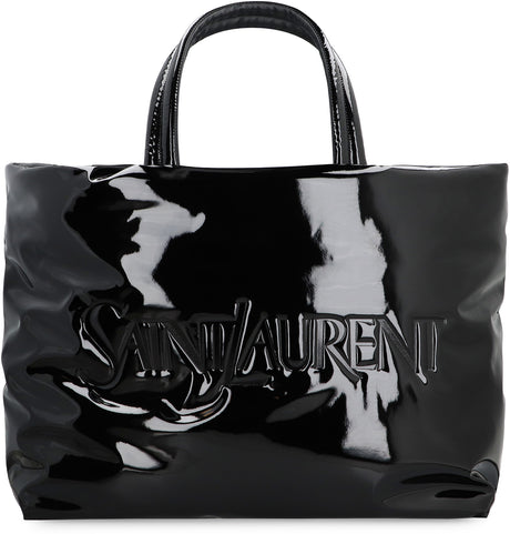 SAINT LAURENT Maxi Black SilkTech Leather Tote Handbag with Zippered Pocket for Men - 51x44x20 cm