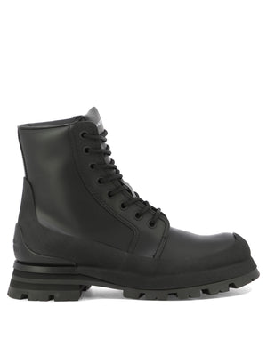 ALEXANDER MCQUEEN Lace-Up Boots for Men: HPSS24 Black Galosh-Inspired Flared 100% Leather & Rubber