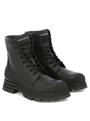 ALEXANDER MCQUEEN Lace-Up Boots for Men: HPSS24 Black Galosh-Inspired Flared 100% Leather & Rubber