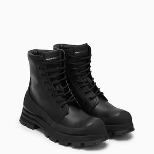 ALEXANDER MCQUEEN Lace-Up Boots for Men: HPSS24 Black Galosh-Inspired Flared 100% Leather & Rubber