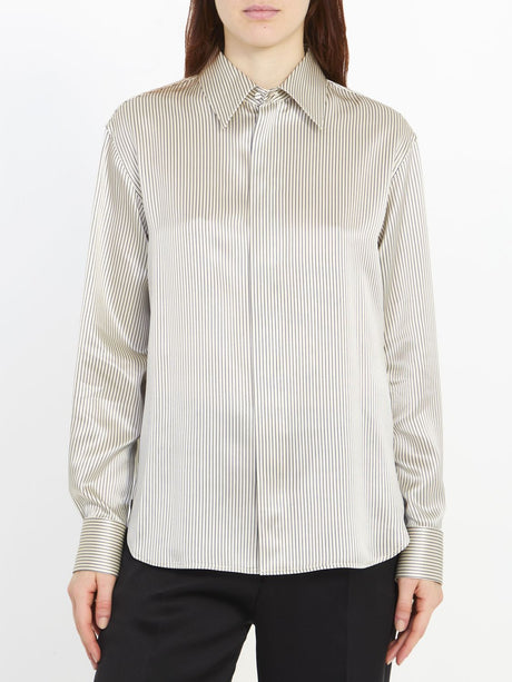 米色条纹丝绸衬衫：男性剪裁，弧形不对称后摆，休闲宽松