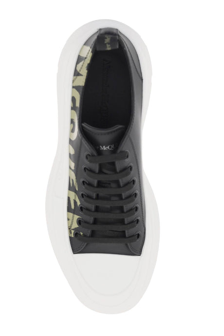 Men's Leather Tread Slick Sneakers with Graffiti Logo Print and Rubber Base