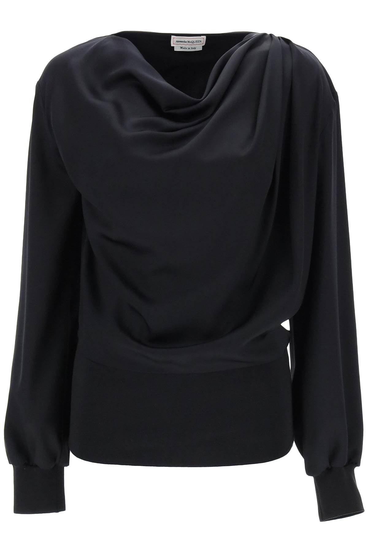 Draped Silk Satin Blouse with Cowl Neck and Ribbed Cuffs