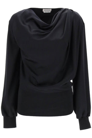 Silk Satin Draped Blouse with Cowl Neck and Ribbed Cuffs