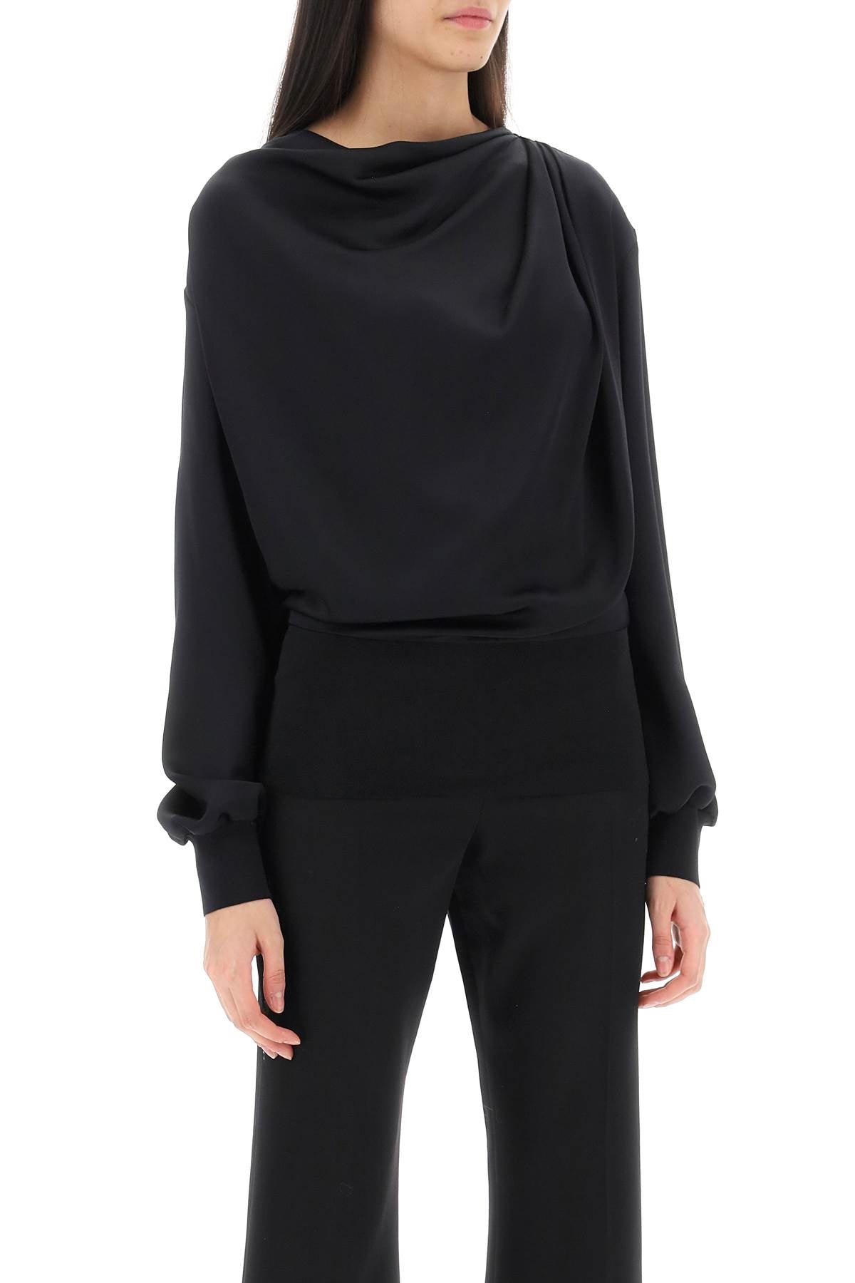 Draped Silk Satin Blouse with Cowl Neck and Ribbed Cuffs