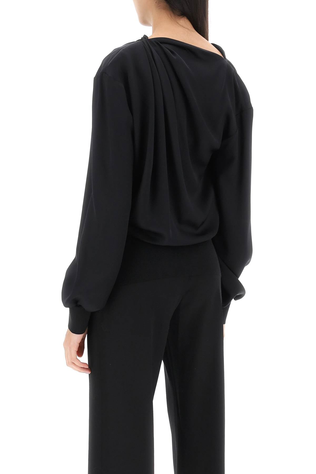 Silk Satin Draped Blouse with Cowl Neck and Ribbed Cuffs