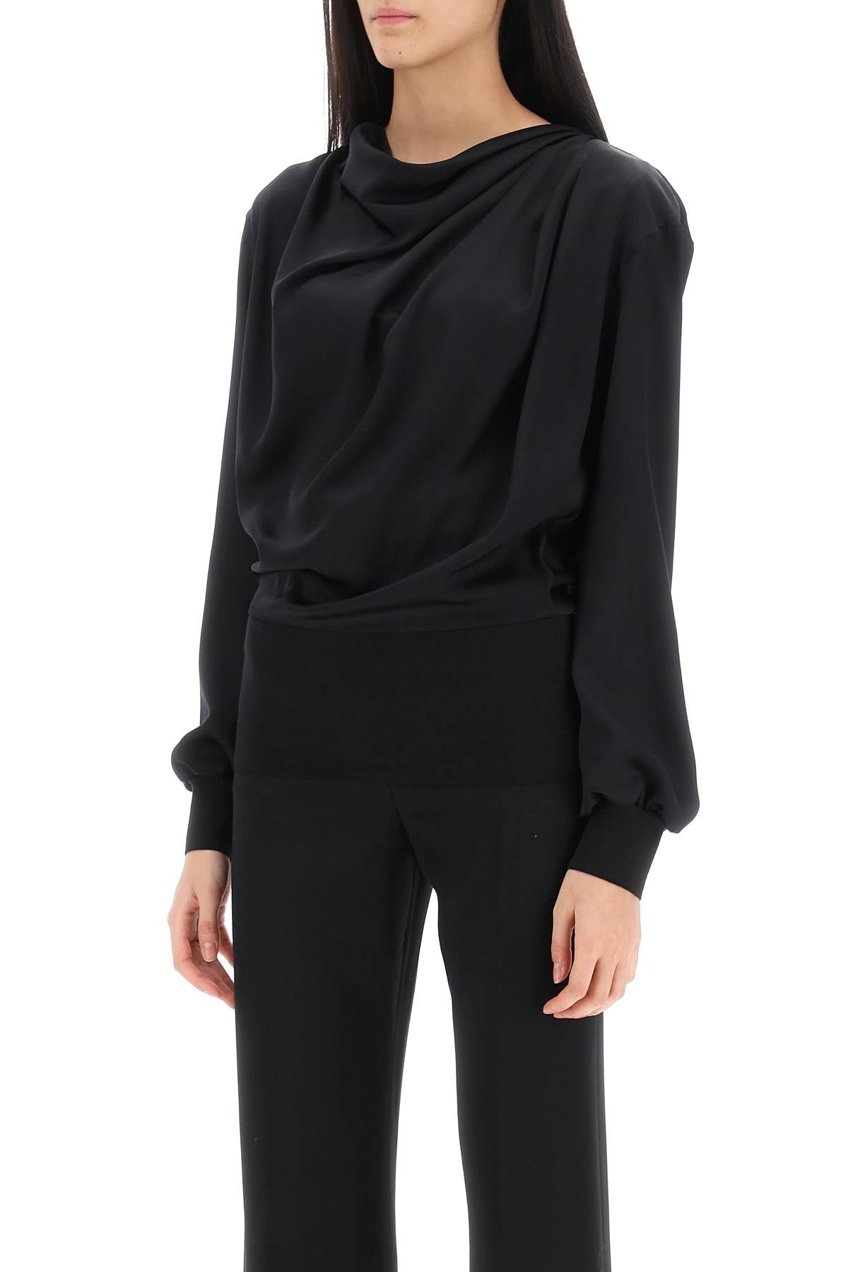 Draped Silk Satin Blouse with Cowl Neck and Ribbed Cuffs