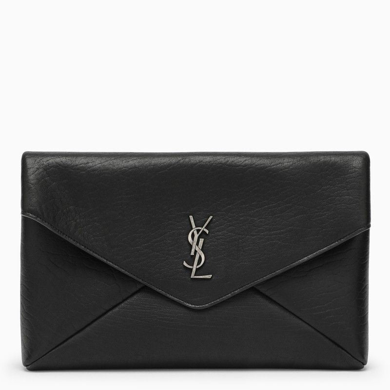 SAINT LAURENT Men's Black Lambksin Clutch Handbag with Front Logo