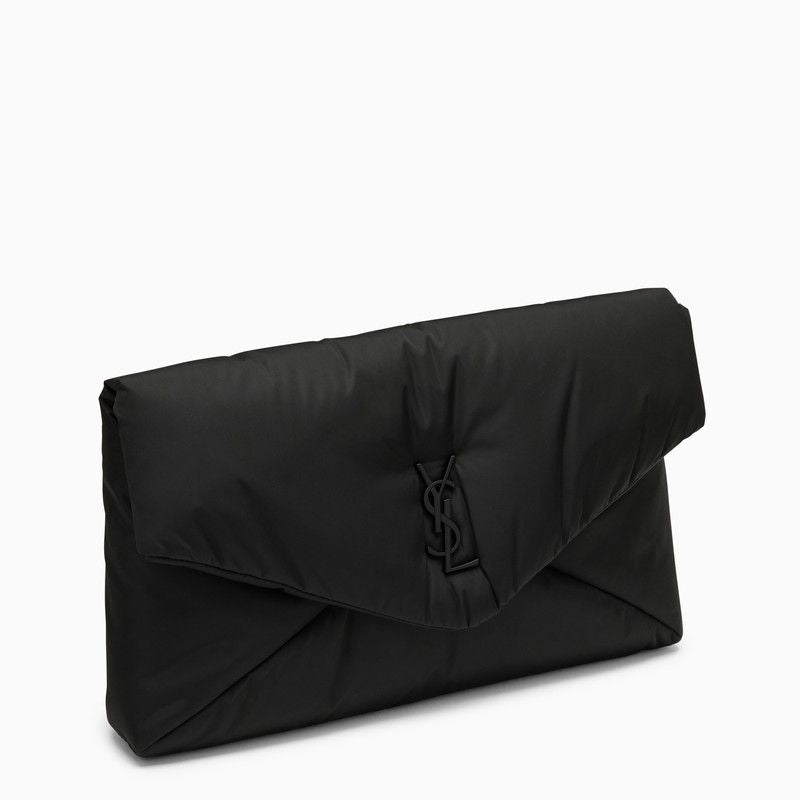 Large Black Nylon Clutch Handbag with Magnetic Button Fastening