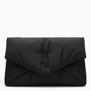 Large Black Nylon Clutch Handbag with Magnetic Button Fastening