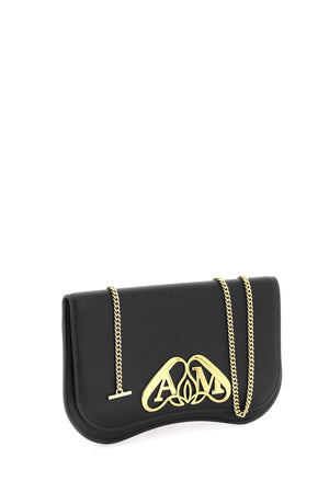 Laminated Leather Pouch Handbag with Gold Metal Seal and Magnetic Closure