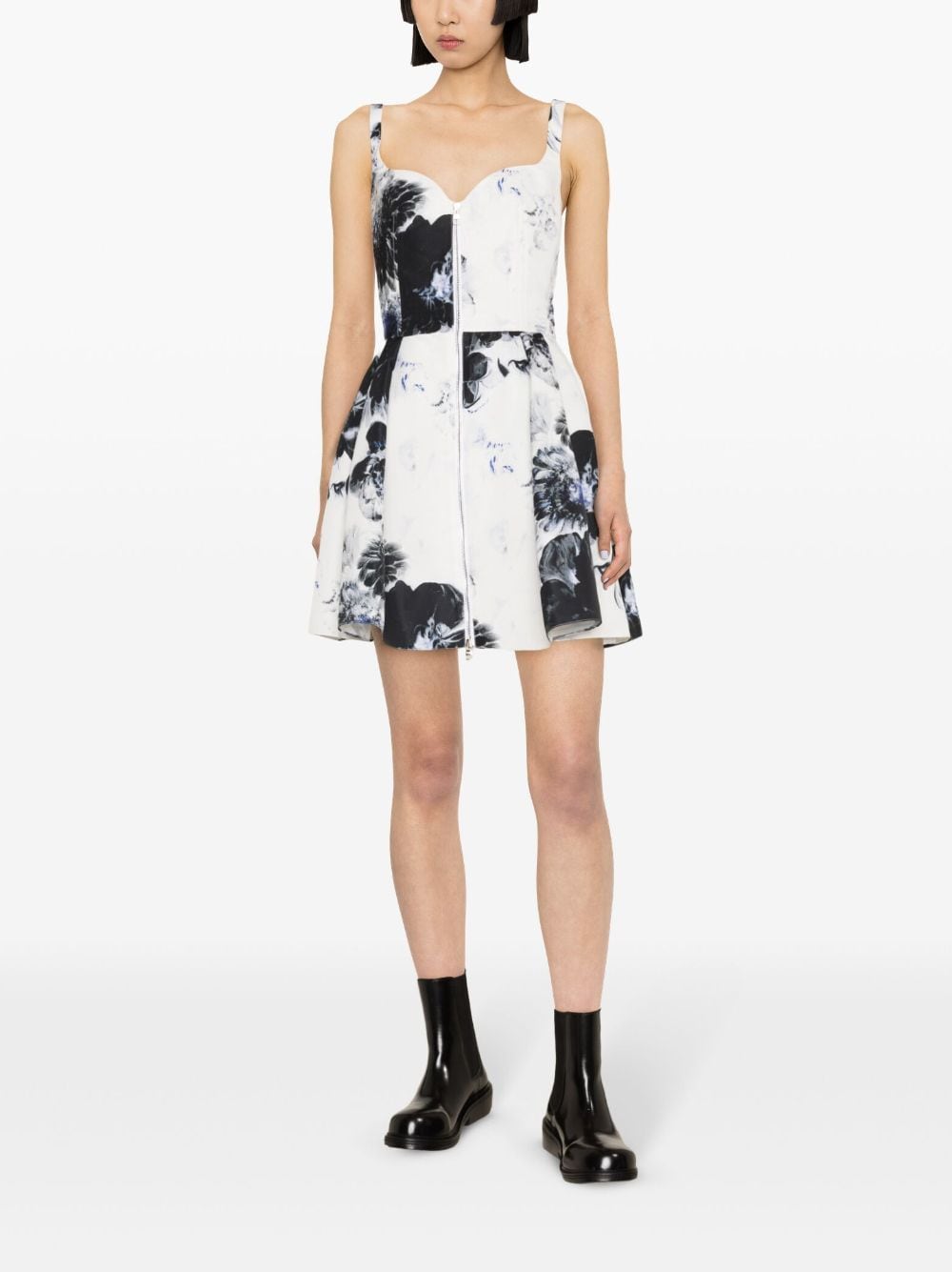 ALEXANDER MCQUEEN Floral Jacquard Mini Dress with Pleated Skirt