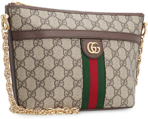GUCCI Mini Classic Chain-Strap Shoulder Bag in Tan with Green-Red Stripe and Gold-Tone Accents