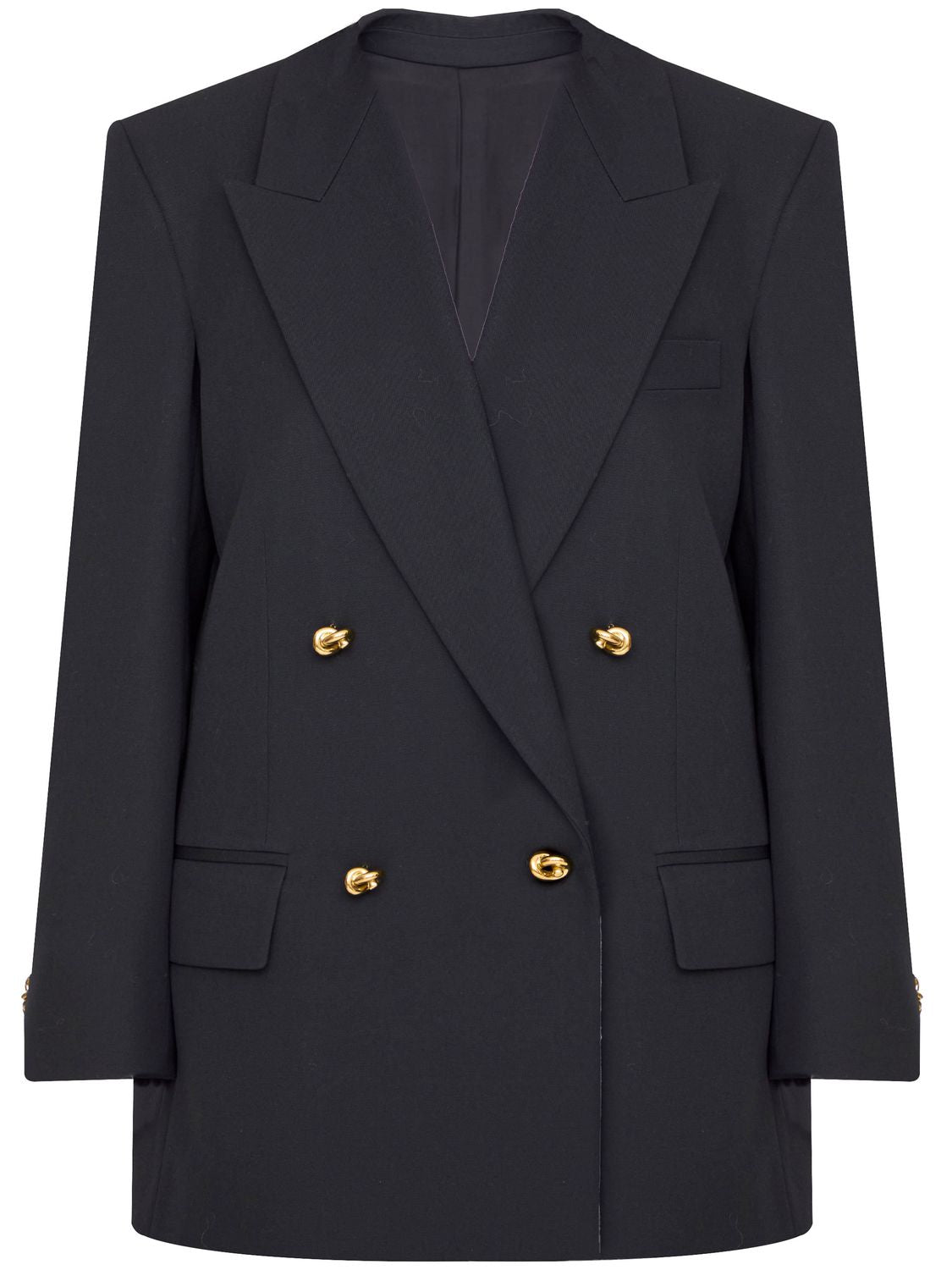 Knot Button Double-Breasted Jacket - Black Wool, Women's Outerwear