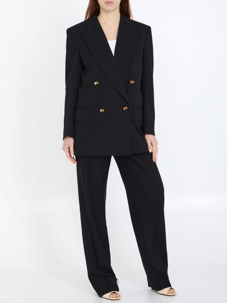 Knot Button Double-Breasted Jacket - Black Wool, Women's Outerwear