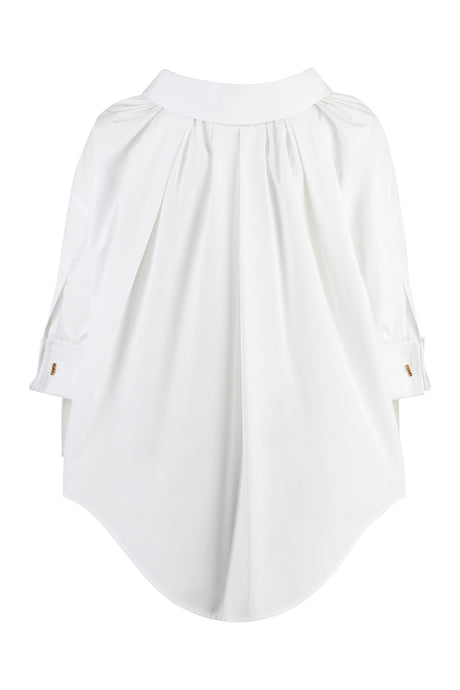 米白色女士棉质人字纹衬衫，搭配蝴蝶结前扣和圆弧下摆