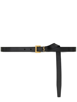 SAINT LAURENT Black Calfskin Cassandre Logo Belt with Gold-Tone Buckle
