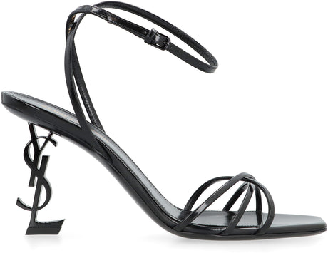 Black Leather Sandals with Metallic Sculpture Heels and Adjustable Ankle Strap