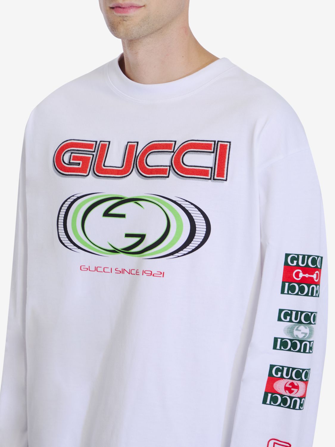 GUCCI Men's Long Sleeve Cotton T-Shirt with Ribbed Collar