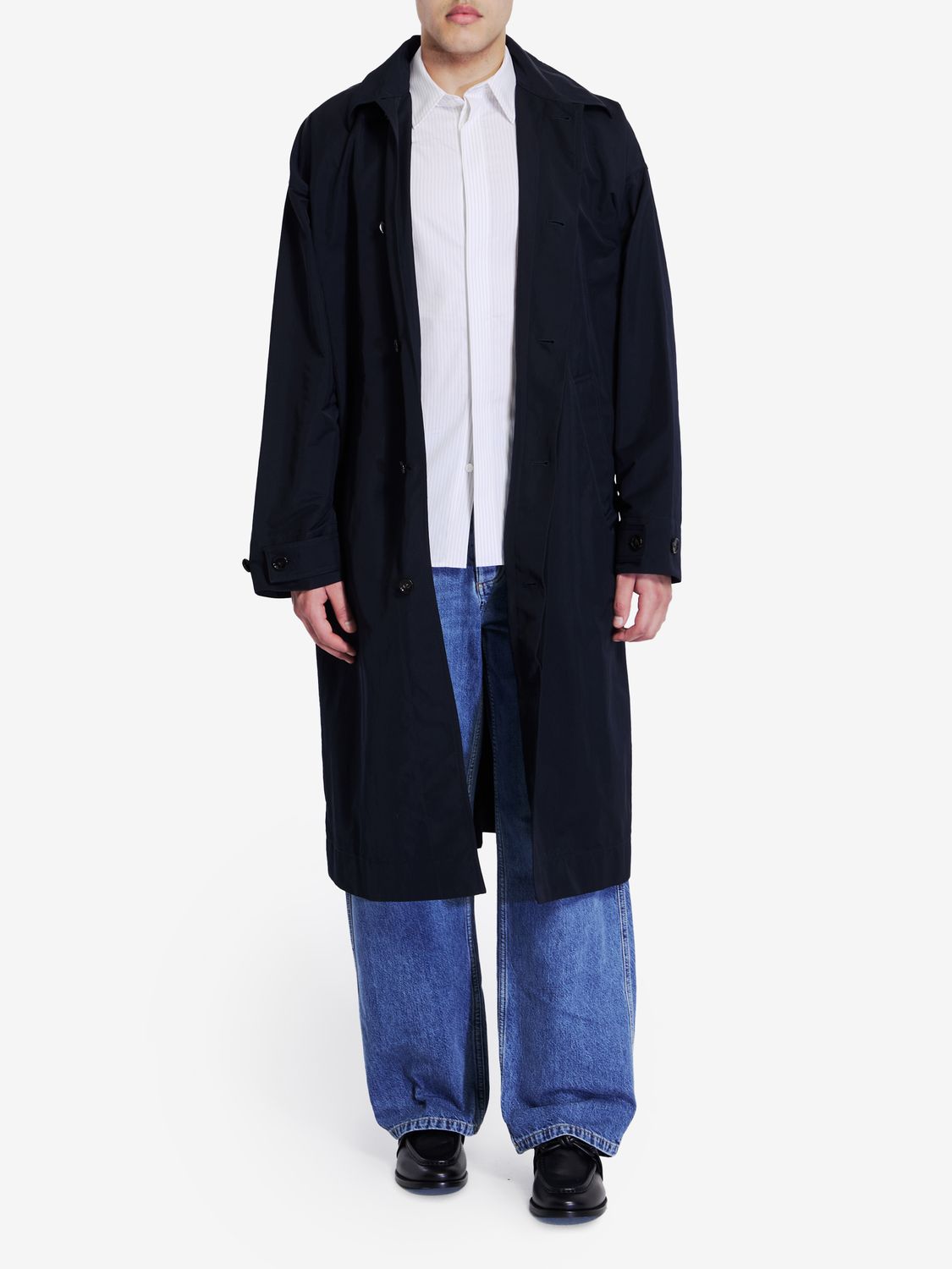 BOTTEGA VENETA Oversized Blue Trench Jacket with Leather Accents