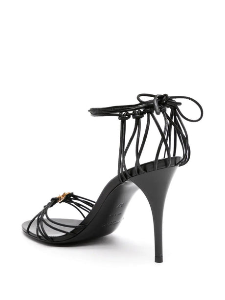 SAINT LAURENT Black Leather Stiletto Sandals with Bronze YSL Logo