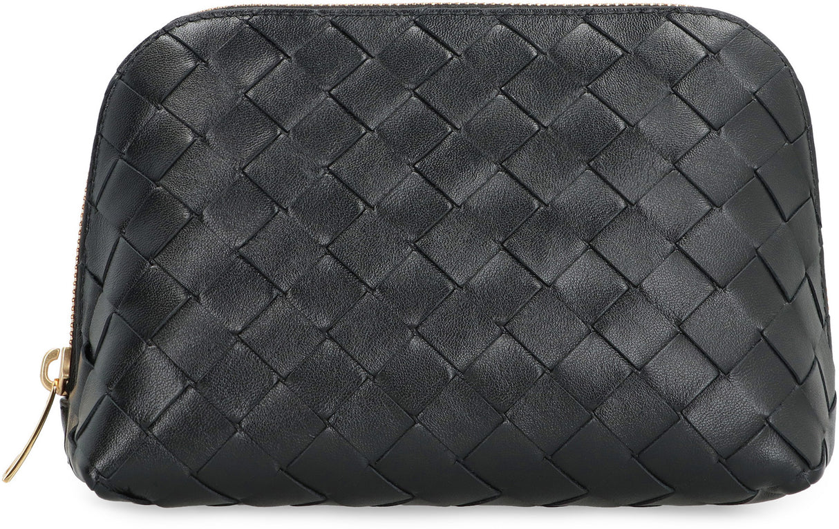 Intrecciato Leather Handbag with Top Zip Closure and Gold-Tone Hardware