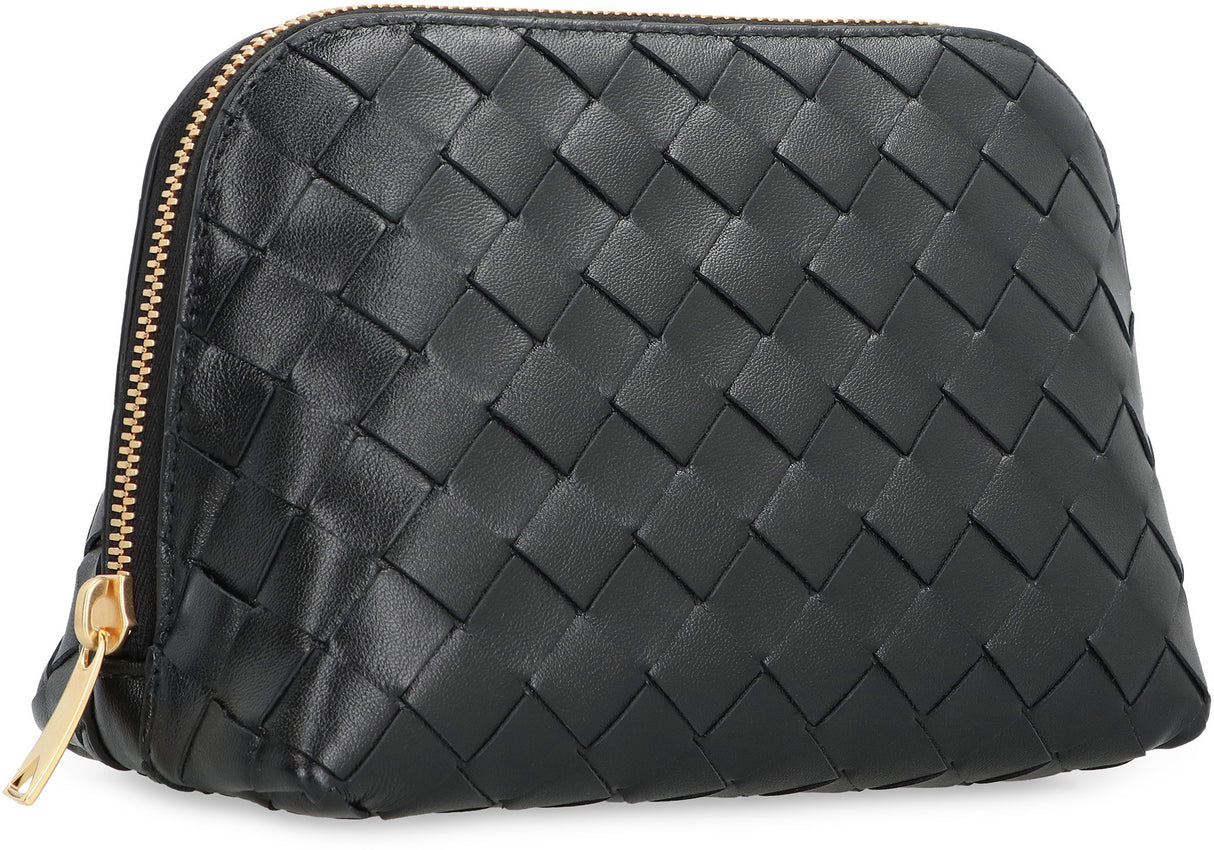 Intrecciato Leather Handbag with Top Zip Closure and Gold-Tone Hardware